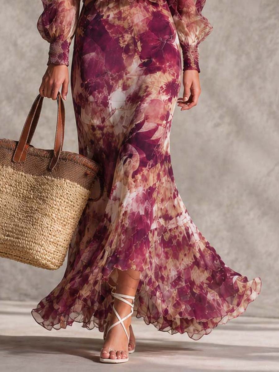 Abito Lungo in Chiffon Rosa Cipria a Fiori con Spalle Scoperte