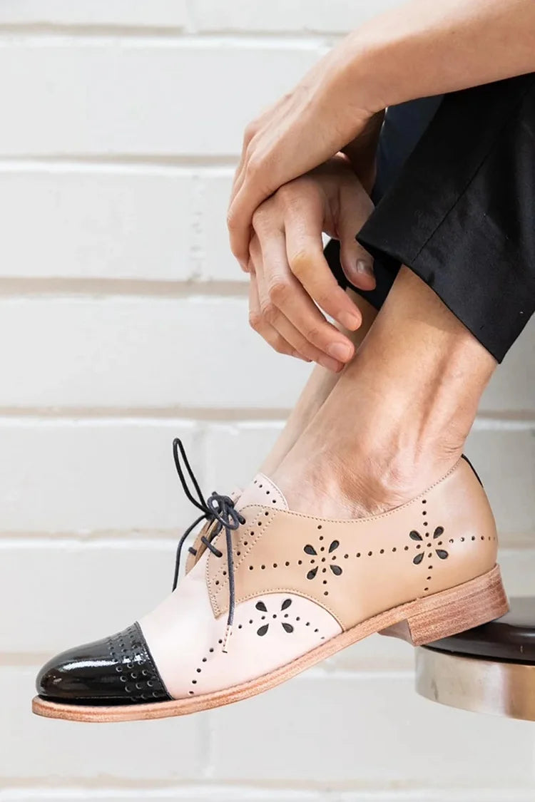 Oxford stringato color block basse Cachi con motivo floreale