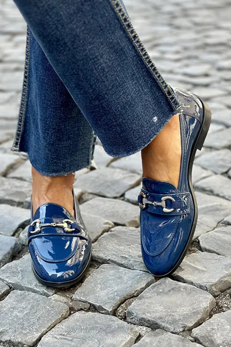 Mocassini metallizzati Blu Navy a punta tonda con fibbia