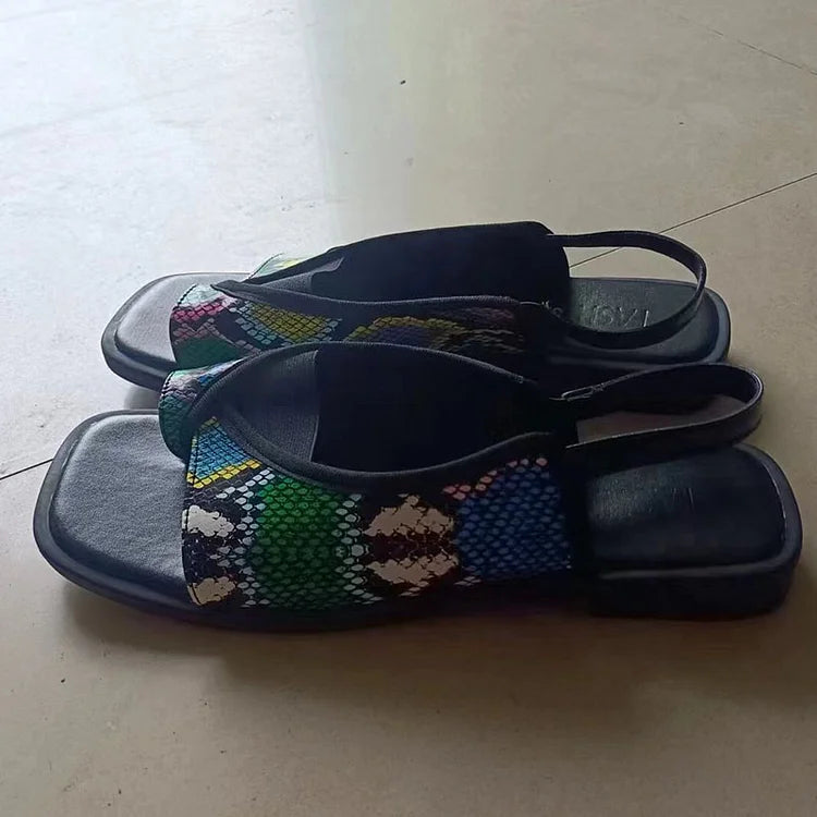Sandali slingback stampa leopardata patchwork a punta quadrata