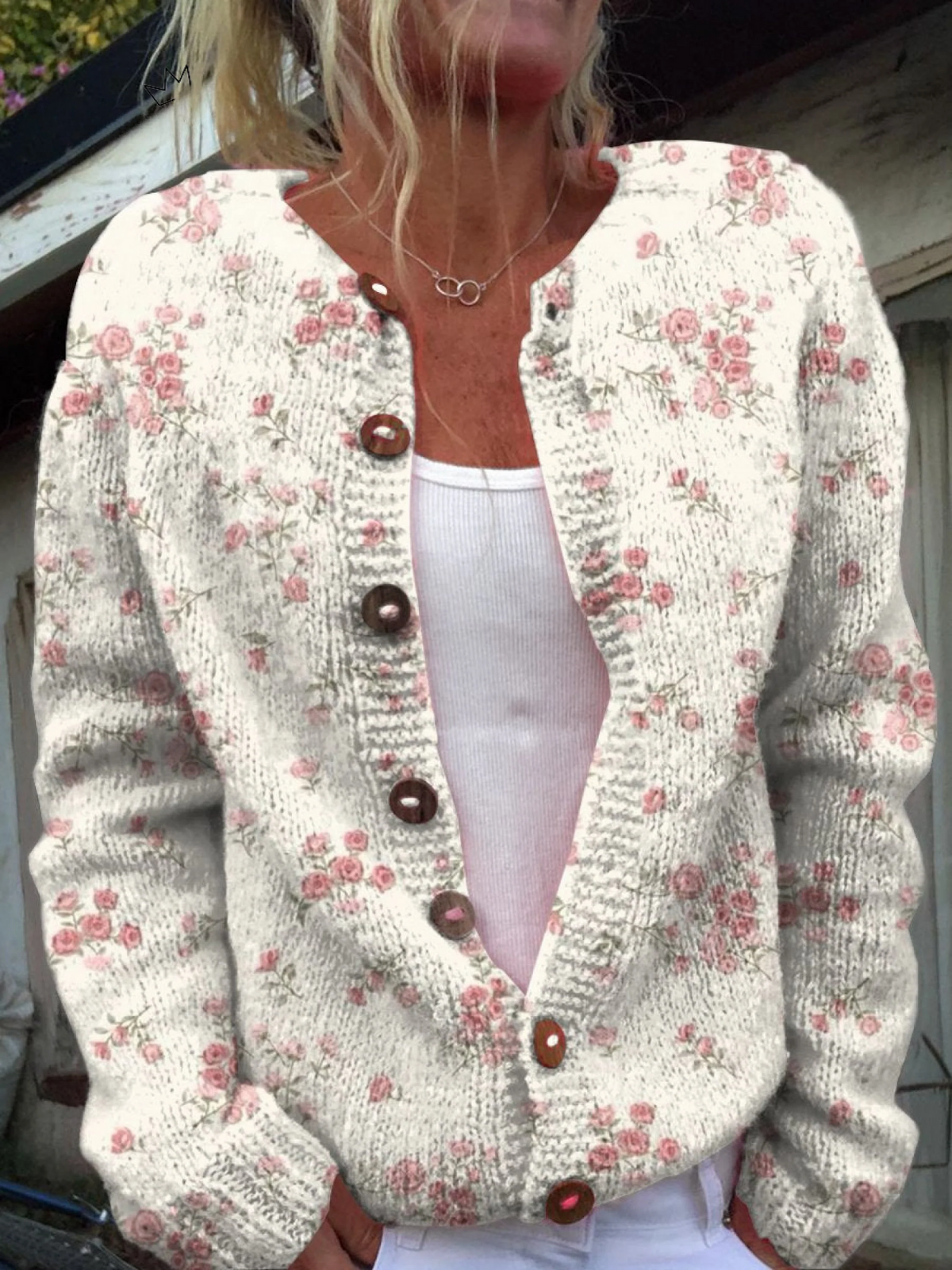Romilda | Cardigan Floreale Lavorato a Maglia Vintage