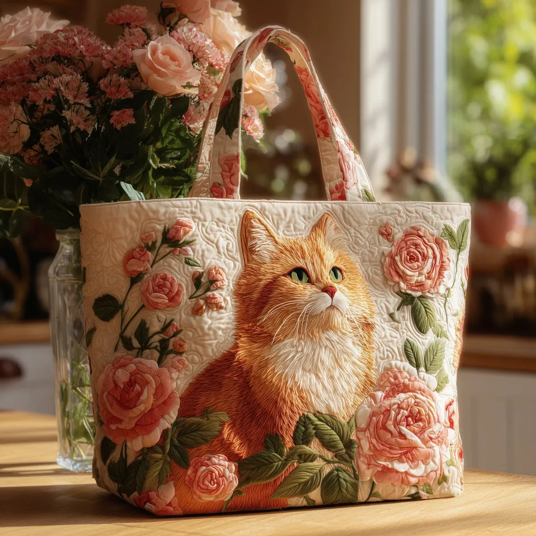 Noemi | Borsa Trapuntata Gatto con Rose Rosa