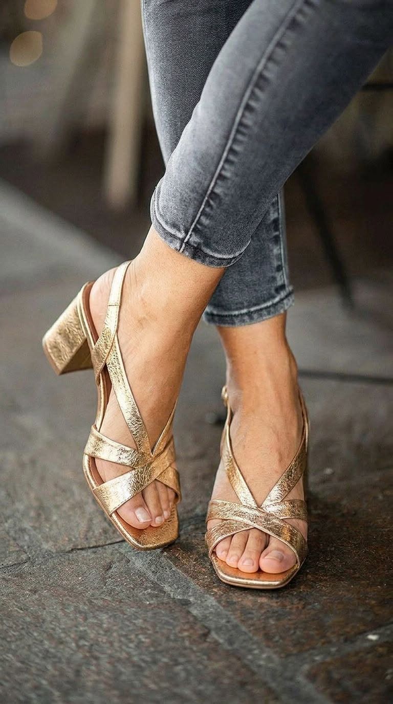 Tacchi a blocco slingback metallizzati Oro a punta quadrata