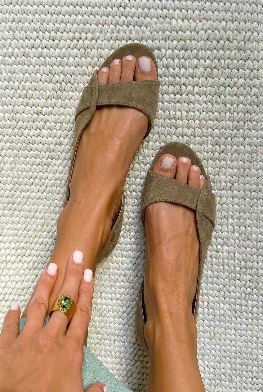 Sandali Piatti Estivi D'Orsay Beige in Camoscio con Punta Aperta.