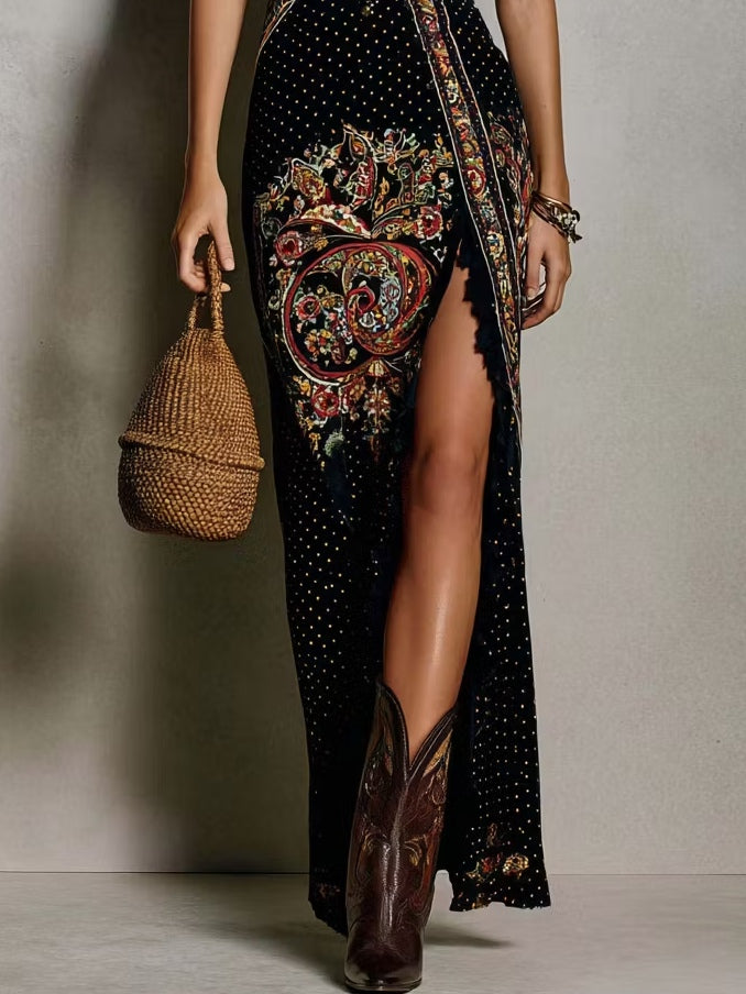 Abito Stampato in Stile Boho con Scollo a V Profondo e Spacco Alto