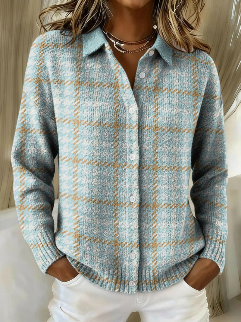 Melania | Cardigan a Maglia a Quadri Azzurro con Bottoni