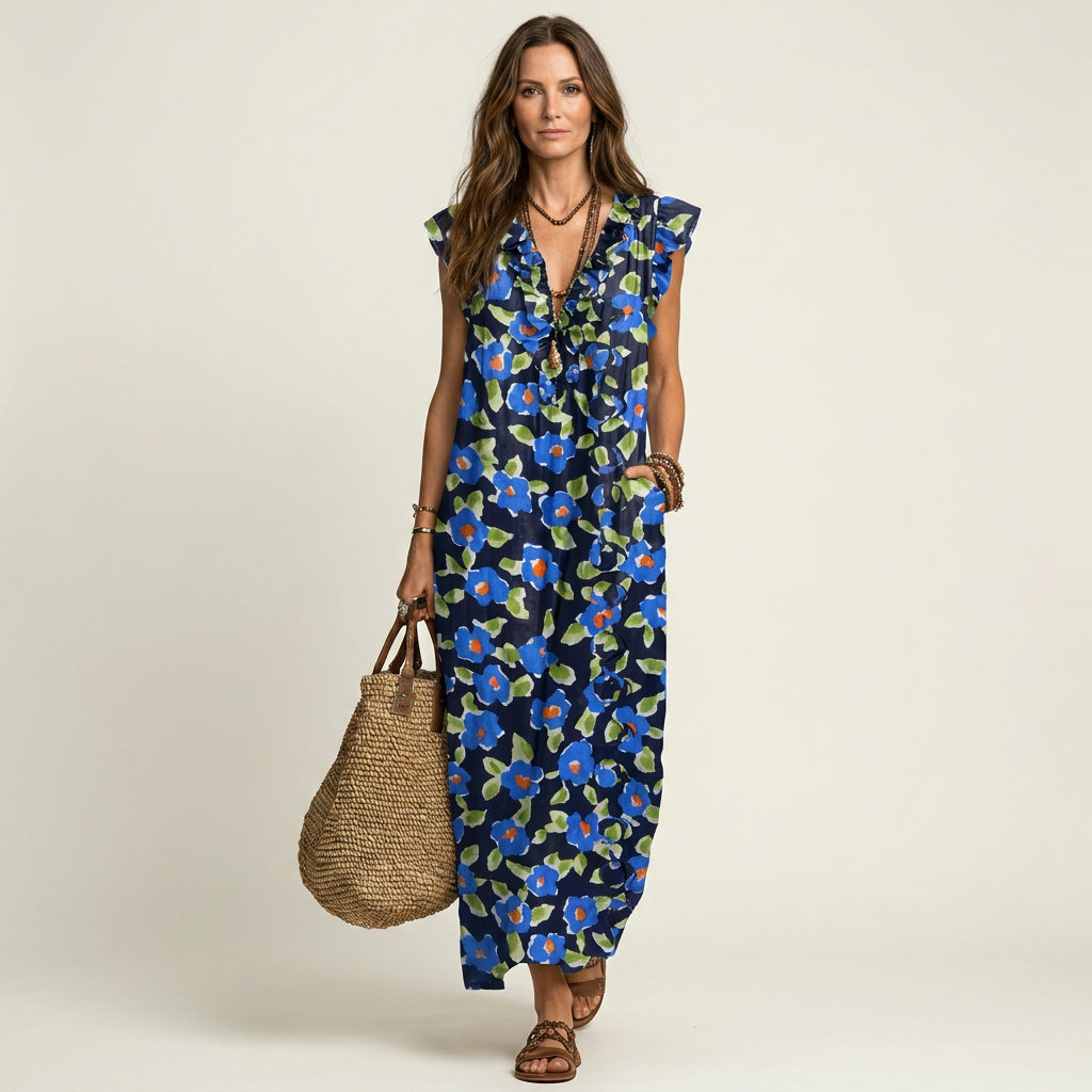 Zita | Vestito Maxi con Volant e Scollo a V