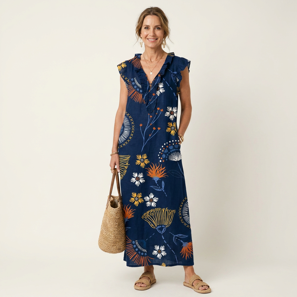 Susanna | Vestito Maxi con Volant e Scollo a V