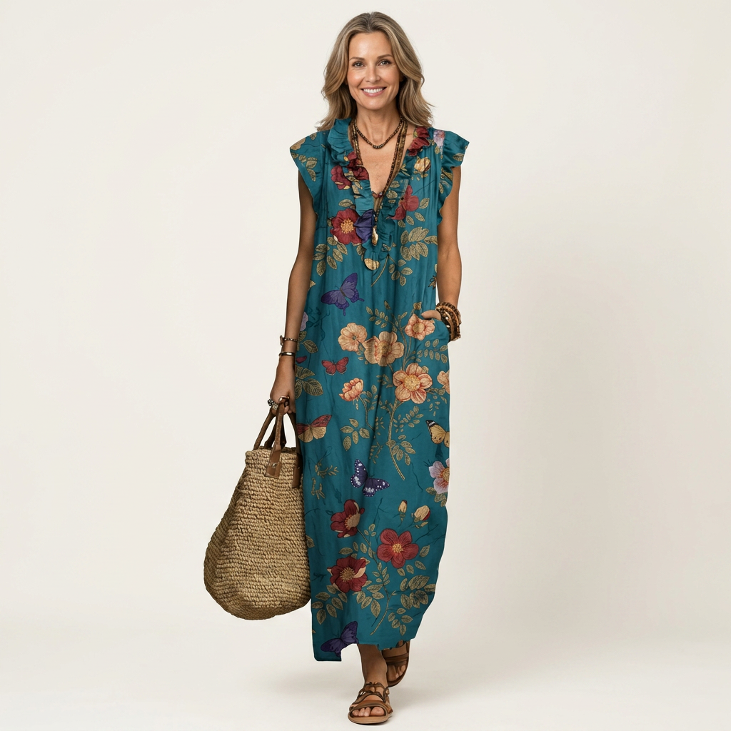 Celestina | Vestito Maxi con Volant e Scollo a V