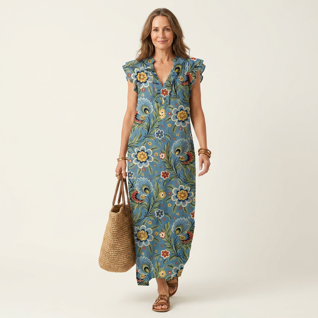 Miranda | Vestito Maxi con Volant e Scollo a V