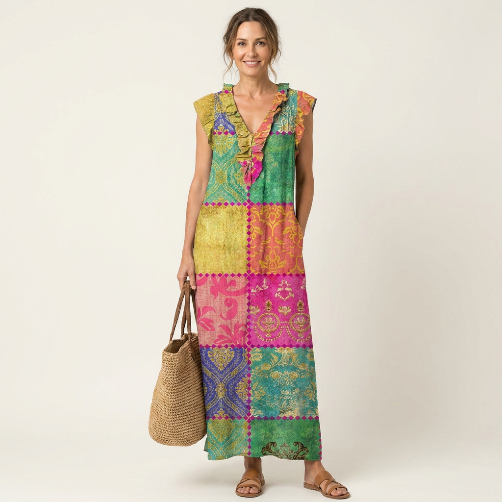 Fulvia | Vestito Maxi con Volant e Scollo a V