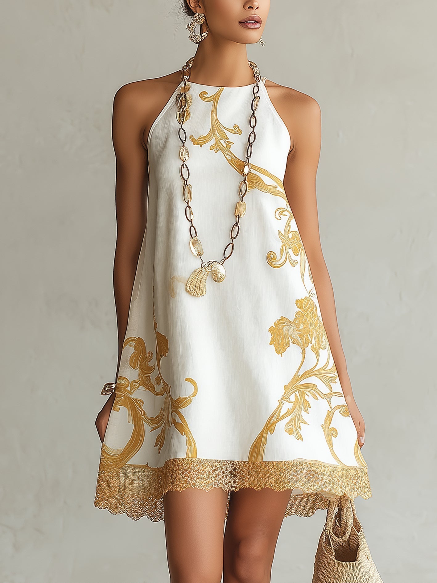 Héloïse | Mini Abito in Pizzo Bianco con Motivi Dorati