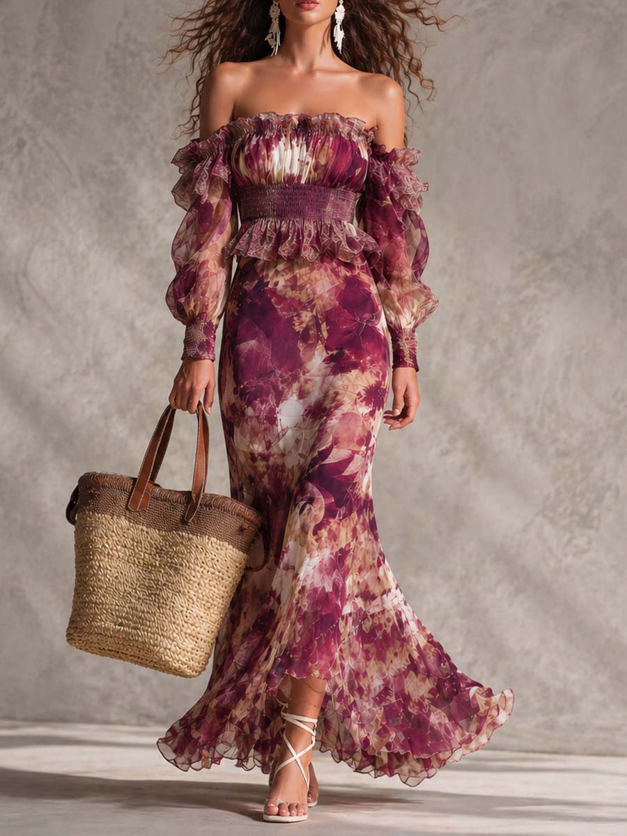 Abito maxi in chiffon rosa con fiori sulle spalline
