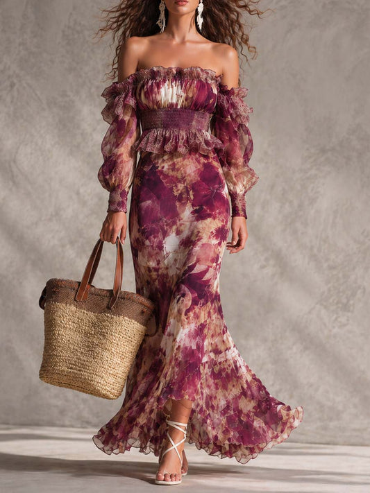 Abito maxi in chiffon rosa con fiori sulle spalline
