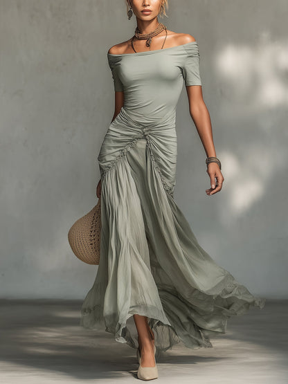 Abito Maxi Grigio in Tessuto Elasticizzato e Chiffon