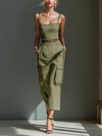 Abito midi utility in lino verde oliva - dettaglio