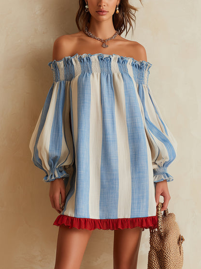 Ondine | Mini Abito a Righe Blu e Bianco a Spalle Scoperte con Orlo a Contrasto