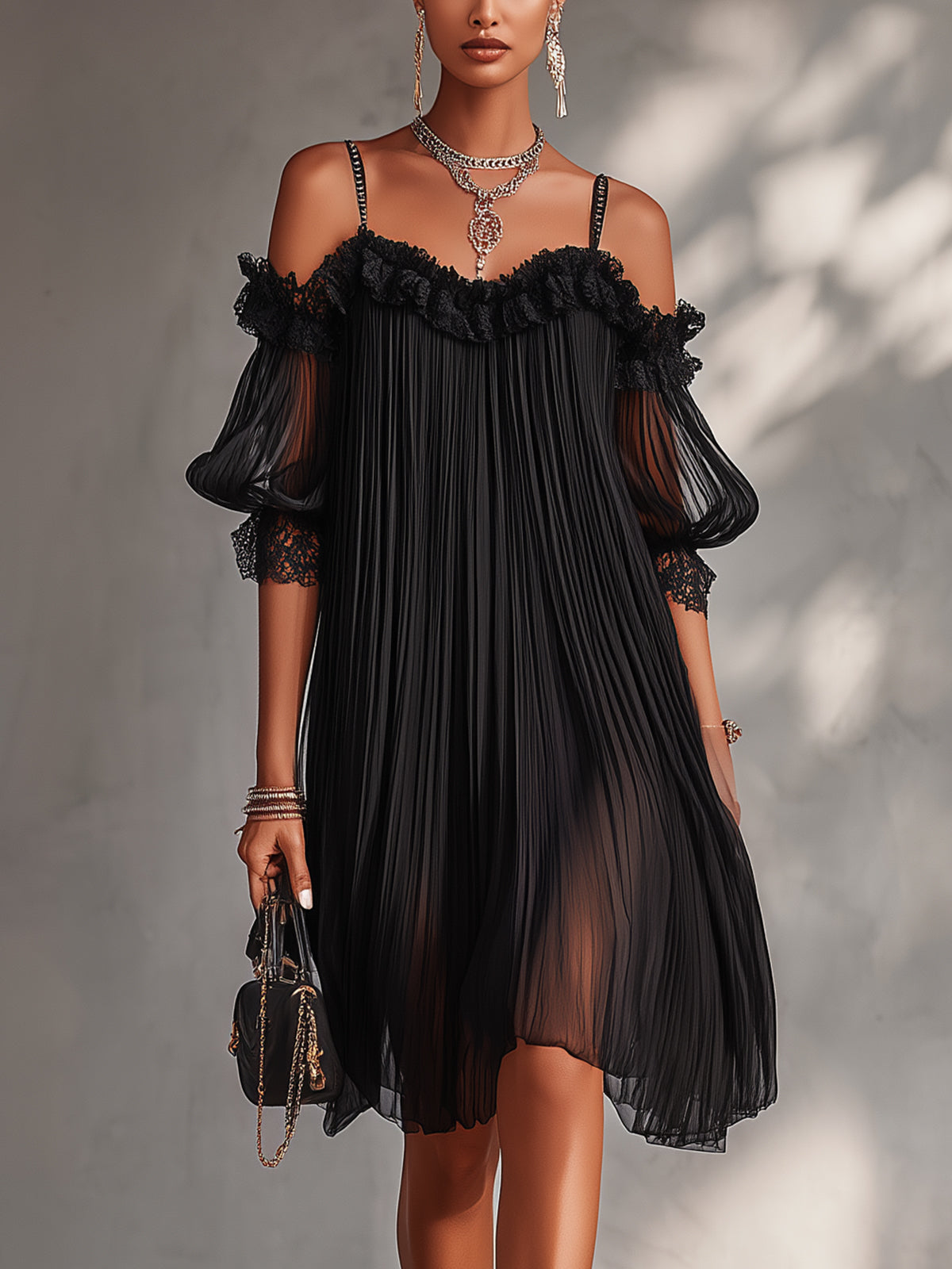 Camille | Mini Abito in Chiffon Nero a Spalle Scoperte con Bordo in Pizzo