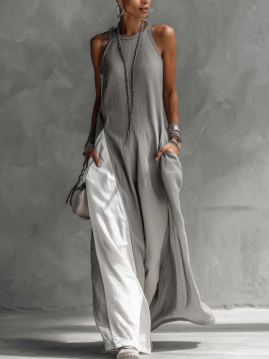 Abito maxi color-block bianco e grigio