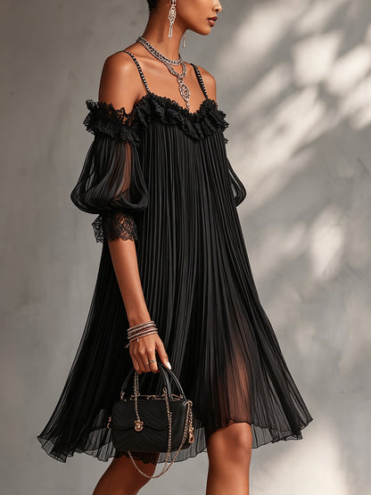 Camille | Mini Abito in Chiffon Nero a Spalle Scoperte con Bordo in Pizzo