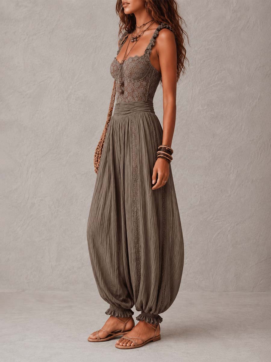 Wanda - Completo con Bandeau in Pizzo Grigio e Pantaloni Harem Plissettati