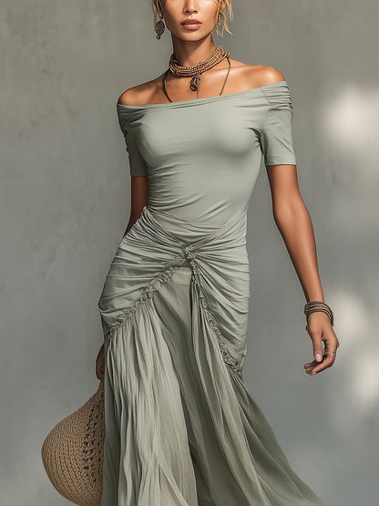 Abito Maxi Grigio in Tessuto Elasticizzato e Chiffon