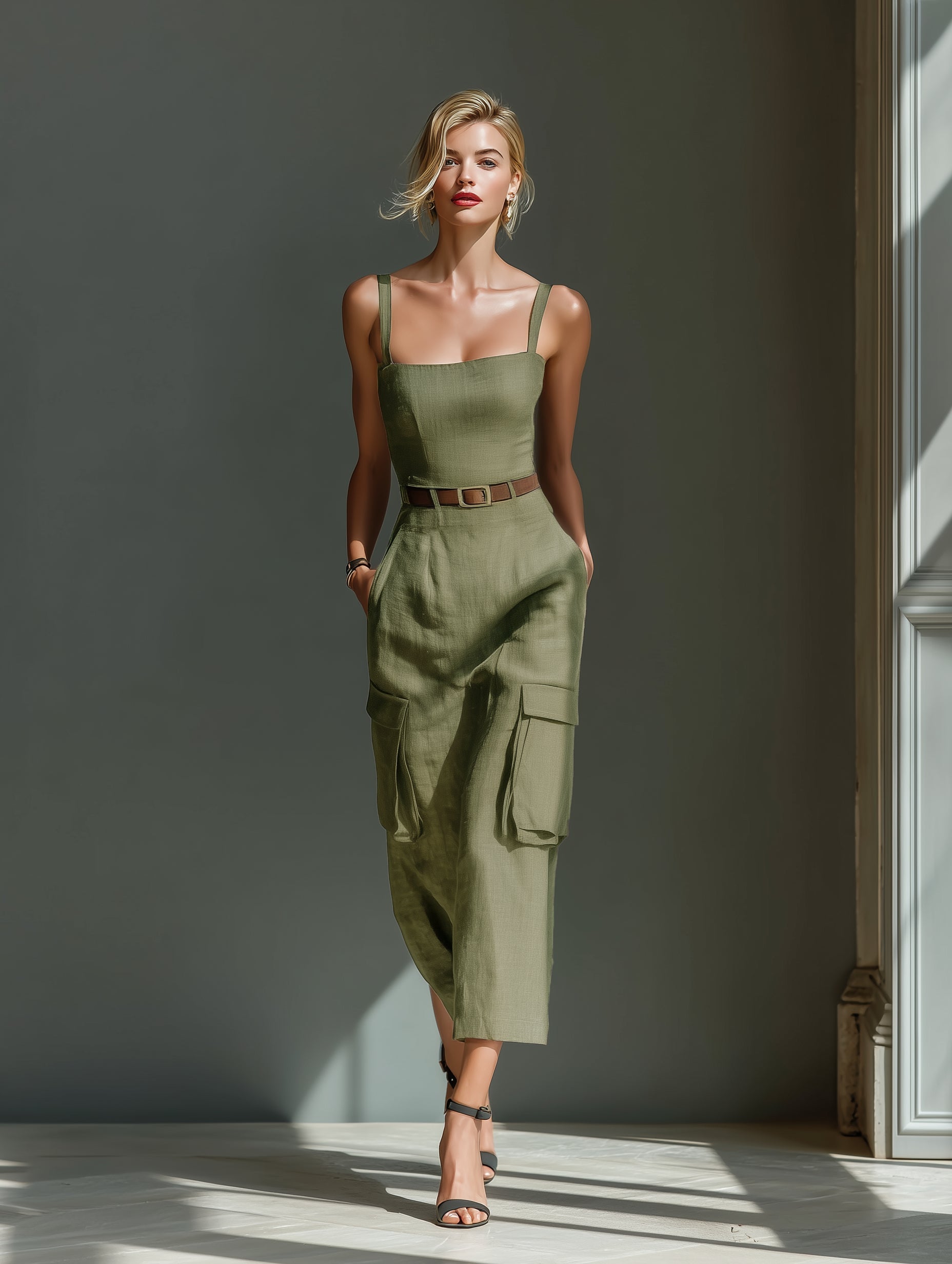 Abito midi utility in lino verde oliva - Verde Oliva