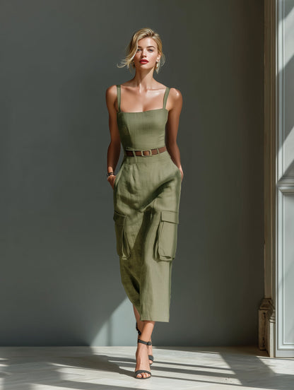 Abito midi utility in lino verde oliva - Verde Oliva