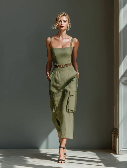 Abito midi utility in lino verde oliva - Verde Oliva