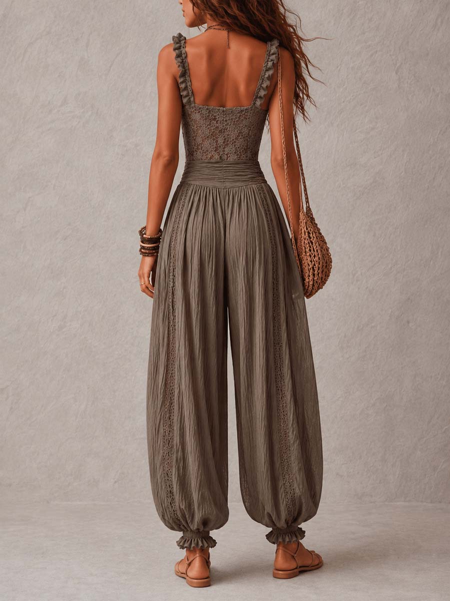 Wanda - Completo con Bandeau in Pizzo Grigio e Pantaloni Harem Plissettati