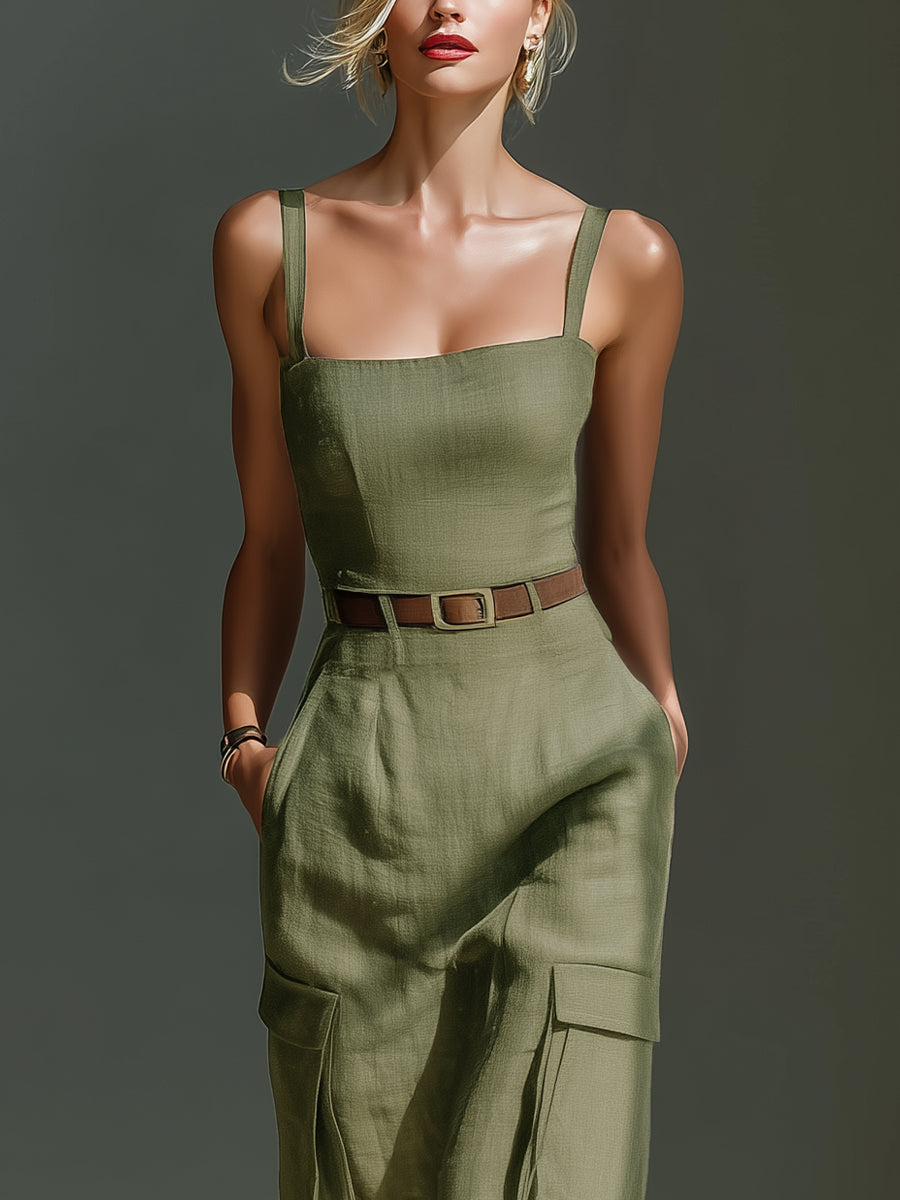 Olive Linen Utility Midi Dress (z paskiem)