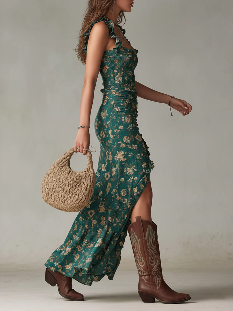 Vestito Maxi Boho Stampato Verde con Maniche a Balze