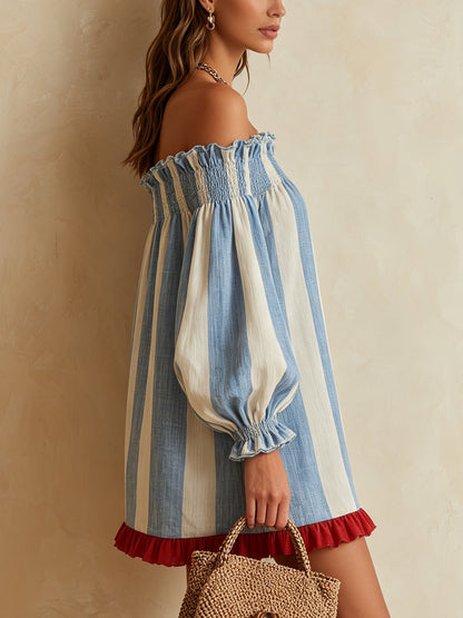 Ondine | Mini Abito a Righe Blu e Bianco a Spalle Scoperte con Orlo a Contrasto