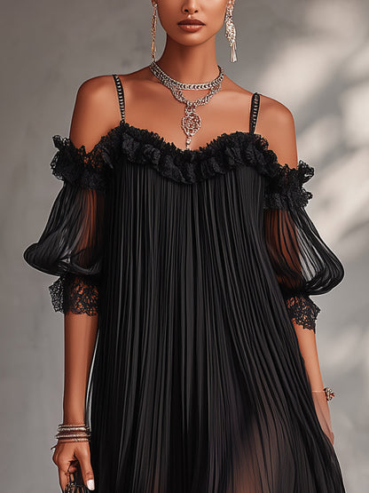 Camille | Mini Abito in Chiffon Nero a Spalle Scoperte con Bordo in Pizzo
