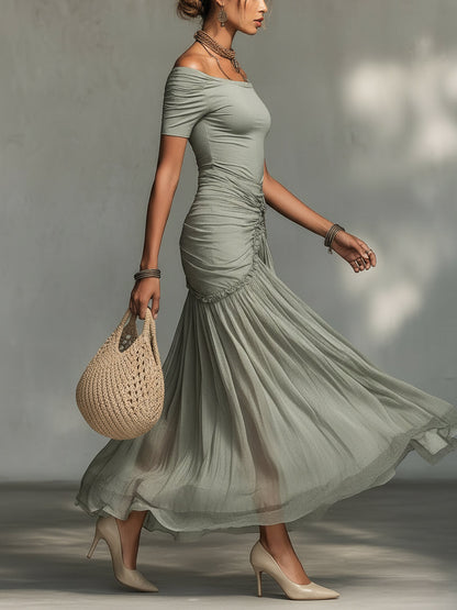 Abito Maxi Grigio in Tessuto Elasticizzato e Chiffon