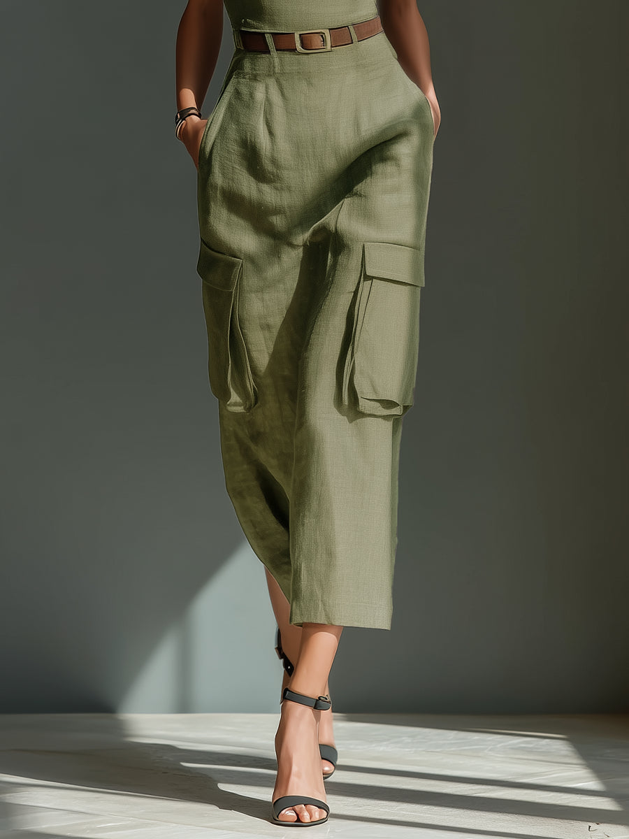 Olive Linen Utility Midi Dress (z paskiem)