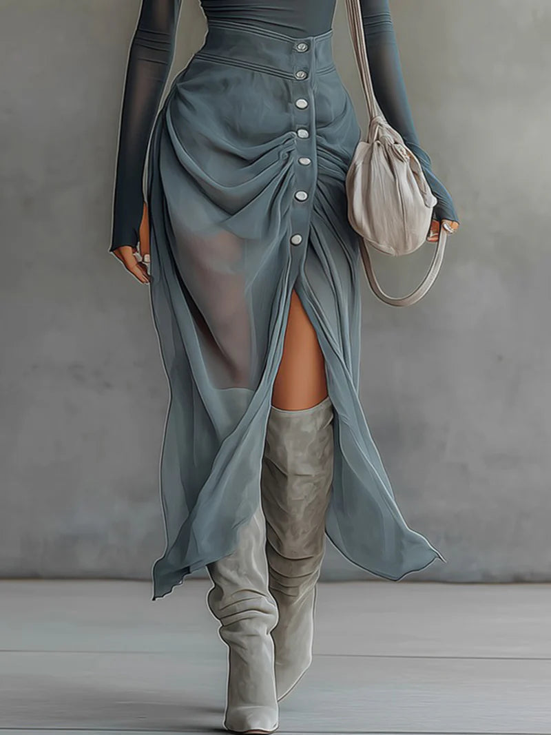 Completo asimmetrico grigio-blu con cut-out - dettaglio 4