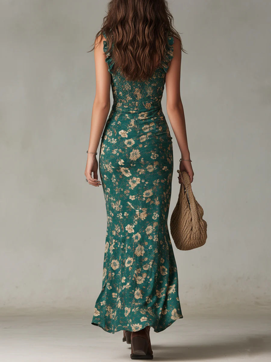Vestito Maxi Boho Stampato Verde con Maniche a Balze