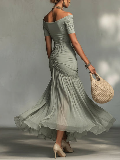 Abito Maxi Grigio in Tessuto Elasticizzato e Chiffon