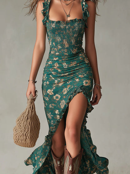Vestito Maxi Boho Stampato Verde con Maniche a Balze