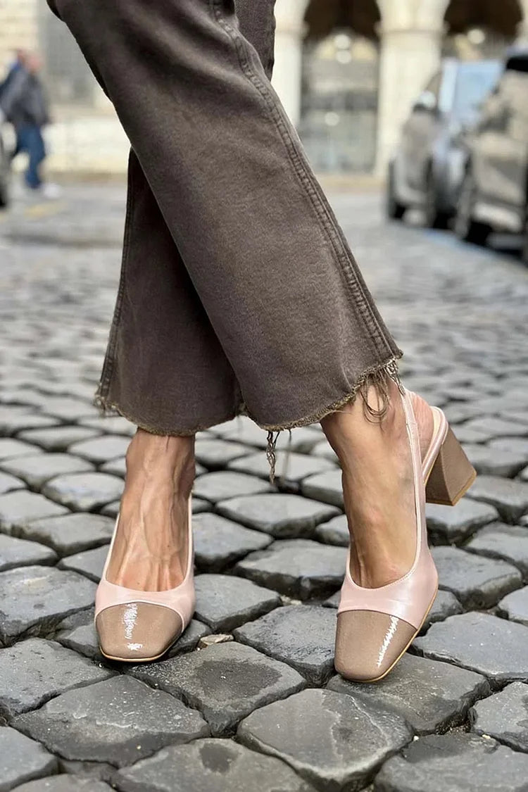 Scarpe rosa chiaro con tacco grosso e punta quadrata