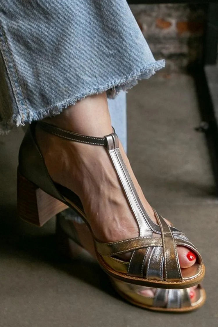 Tacchi larghi peep toe metallizzati comodi Oro con fibbia, cinturino a T e cinturini incrociati
