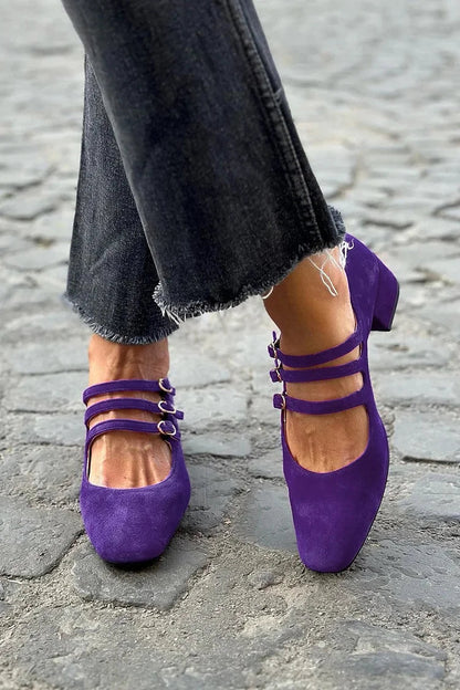 sandali viola con multi cinturini fibbia punta quadrata tacco largo due colori.