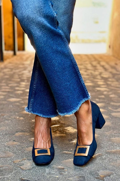 Tacchi larghi patchwork Blu Navy a punta quadrata