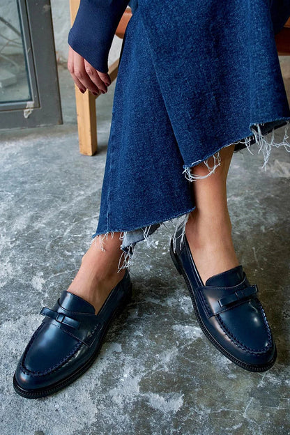 Mocassini patchwork Blu Navy a punta tonda in tinta unita con fiocco