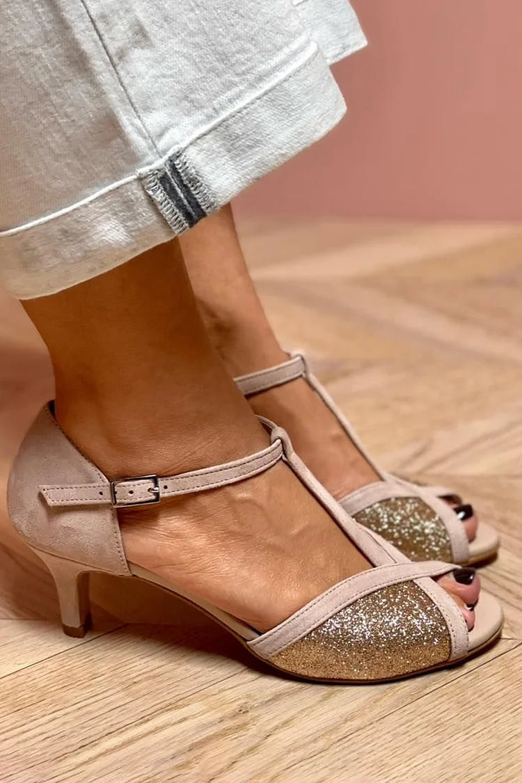 Tacchi bassi color tortora glitter cinturino a T
