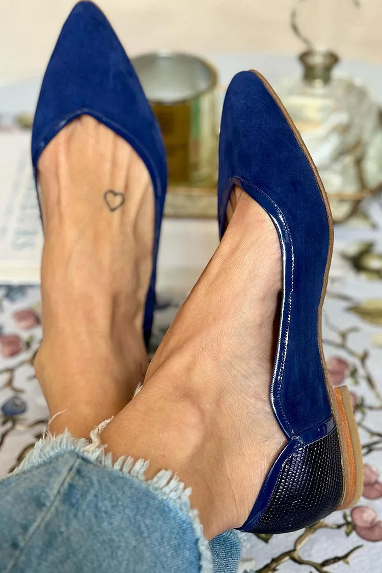 Ballerine Blu Navy Eleganti con Stampa Pitone Patchwork e Punta a Spillo.