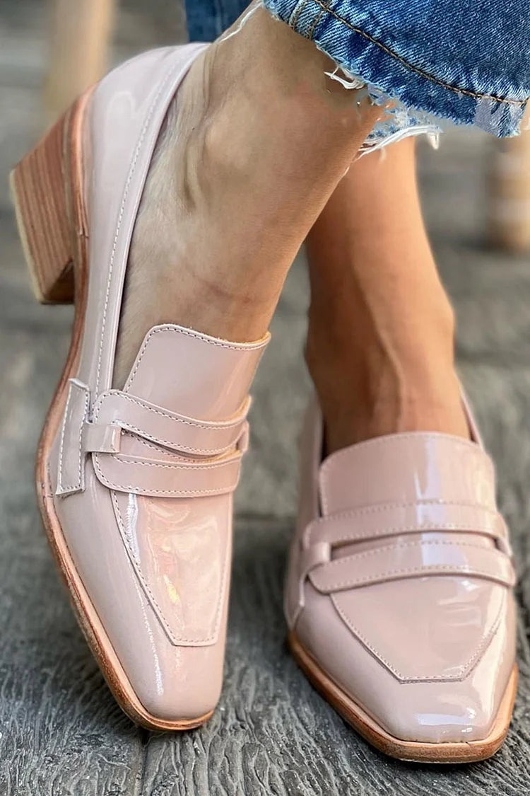 Mocassini chunky verniciati Rosa a punta quadrata in pelle