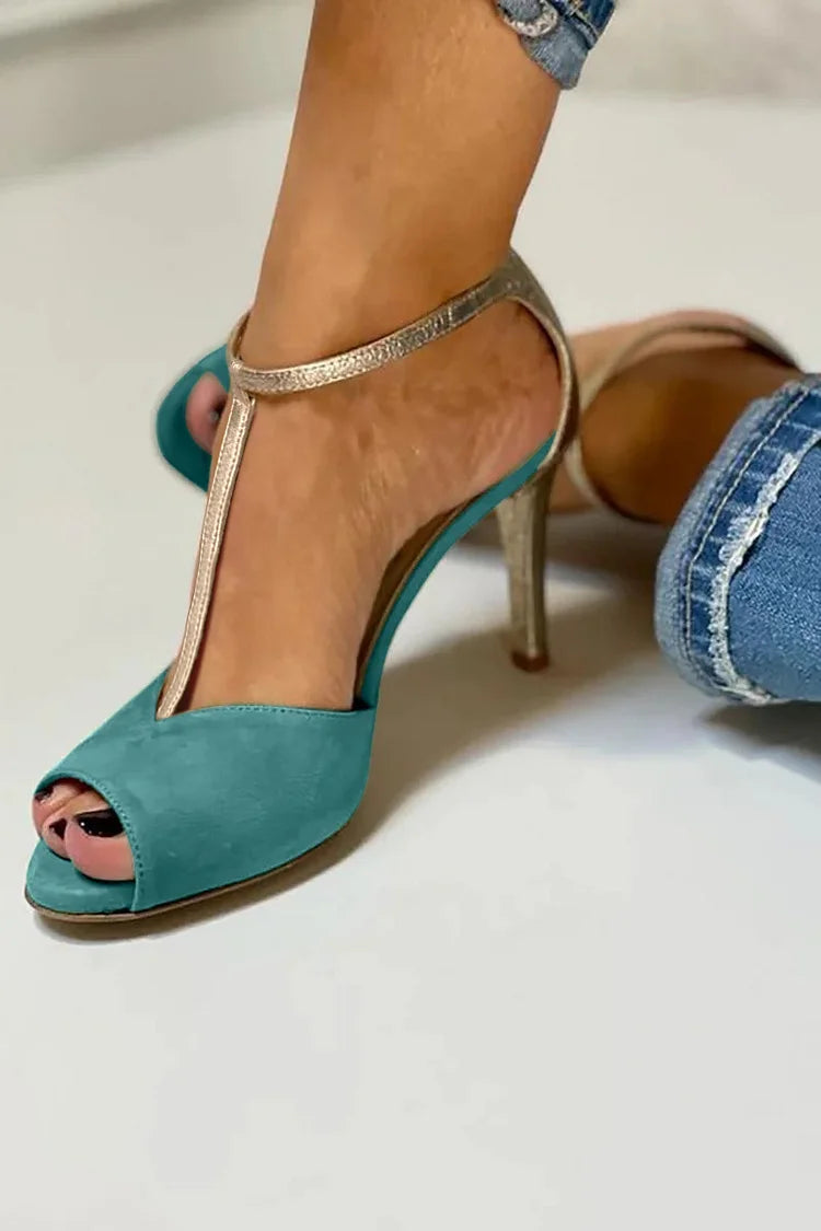 Tacchi a spillo color block eleganti Verde con fibbia e cinturino a T