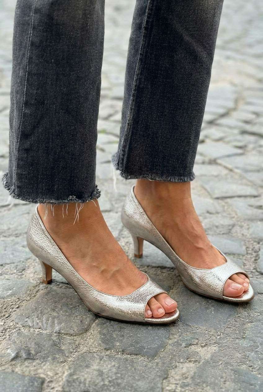 tacchi kitten metallici oro champagne punta aperta chic.
